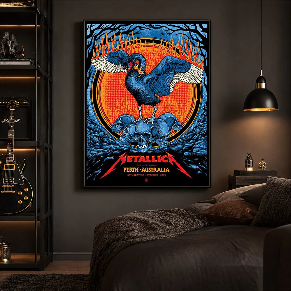 Metallica M72 World Tour November 1 2025 Optus Stadium Perth Australia poster canvas featuring a black swan with spread wings, a crown-like collar, a pile of skulls, flames, twisted tree branches and Perth event text.
