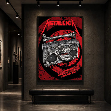 Metallica M72 World Tour November 5 2025 Adelaide Oval Adelaide Australia poster canvas featuring a skeletal boombox with skull details, bone handle, red black splatter background and Adelaide event text.