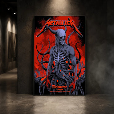 Metallica M72 World Tour November 8 2025 Marvel Stadium Melbourne Australia poster canvas by Ken Taylor featuring a horned skeletal figure, exposed ribcage, twisting tendrils, red smoke, infernal landscape and Melbourne event text.