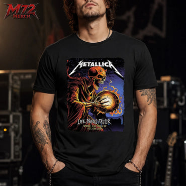 Metallica M72 World Tour October 15 2026 Sphere Las Vegas United States T-shirt featuring a skeletal reaper holding a flaming crystal orb for Life Burns Faster Day 1 Week 3.