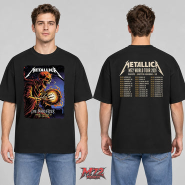 Metallica M72 World Tour October 15 2026 Sphere Las Vegas United States 2-side T-shirt with Life Burns Faster artwork on the front and 2026 tour dates on the back.