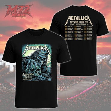 Metallica M72 World Tour October 15 and 17 2026 Sphere Las Vegas United States 2 Side T-Shirt by MAXX242 featuring Fortune Reaper Skull artwork on the front and 2026 tour dates on the back.