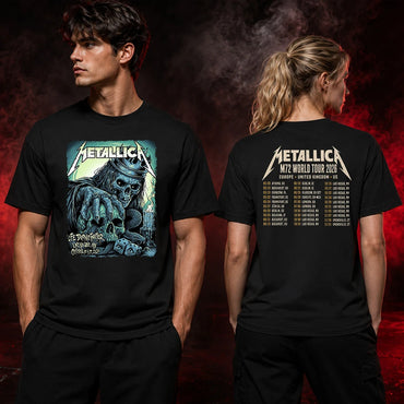 Metallica M72 World Tour October 15 and 17 2026 Sphere Las Vegas United States 2 Side T-Shirt by MAXX242 featuring Fortune Reaper Skull artwork on the front and 2026 tour dates on the back.