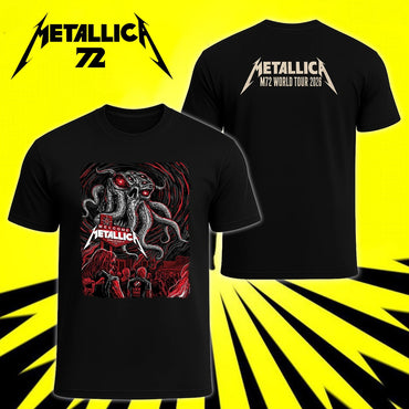 Metallica M72 World Tour October 1 2026 Sphere Las Vegas United States 2 side T-shirt featuring Welcome Tentacle Skull artwork with glowing red eyes on the front and Metallica M72 World Tour 2026 logo on the back.