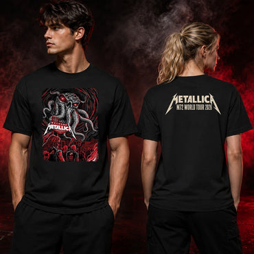 Metallica M72 World Tour October 1 2026 Sphere Las Vegas United States 2 side T-shirt featuring Welcome Tentacle Skull artwork with glowing red eyes on the front and Metallica M72 World Tour 2026 logo on the back.