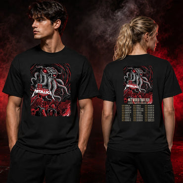 Metallica M72 World Tour 2026 Las Vegas 2 side T-shirt featuring Welcome Tentacle Skull artwork with glowing red eyes on the front and Tentacle Skull M72 tour dates graphic on the back.