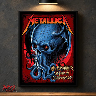 Metallica M72 World Tour Week 4 October 22 and 24 2026 Sphere Las Vegas United States Poster Canvas by MAXX242 featuring a blue devil squid skull with horns, tentacles and glowing red eyes.