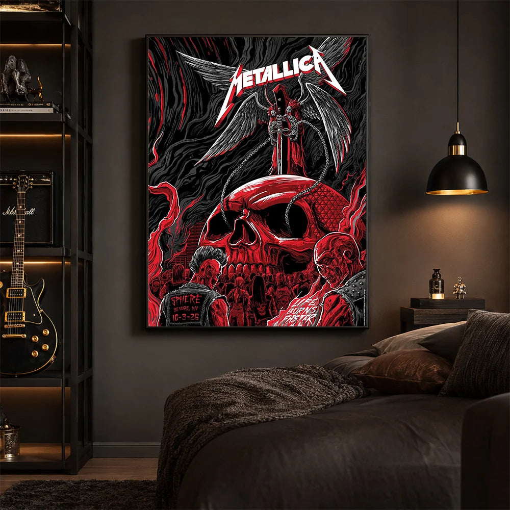 Metallica M72 World Tour October 3 2026 Sphere Las Vegas United States poster canvas featuring a giant crimson skull, skeletal winged reaper with sword and chains, concert crowd and Life Burns Faster imagery.