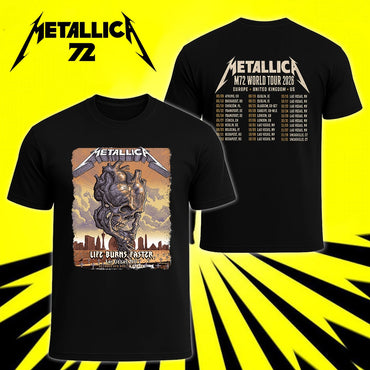 Metallica M72 World Tour Life Burns Faster October 8 and 10 2026 Sphere Las Vegas United States 2 Side T-Shirt featuring Skull Tornado artwork above a desert graveyard with Las Vegas skyline and M72 World Tour back graphic.