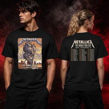 Metallica M72 World Tour Life Burns Faster October 8 and 10 2026 Sphere Las Vegas United States 2 Side T-Shirt featuring Skull Tornado artwork above a desert graveyard with Las Vegas skyline and M72 World Tour back graphic.