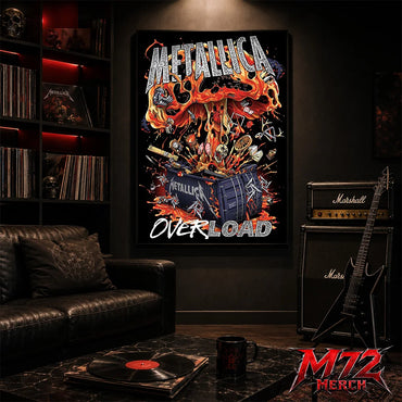 Metallica poster canvas featuring Overload Crate Explosion Artwork with a black crate bursting open, flames, skulls, relics, strange objects, molten energy, and chaotic heavy metal detail