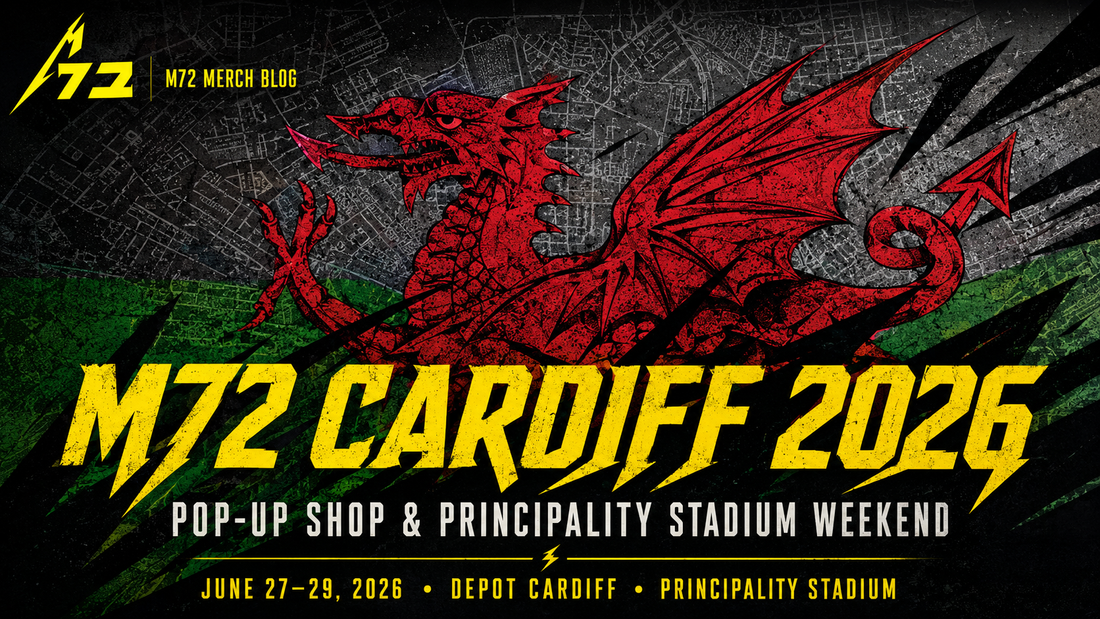 M72 Pop-Up Shop Cardiff Welsh dragon inspired event graphic for Metallica M72 World Tour June 2026 in Cardiff Wales