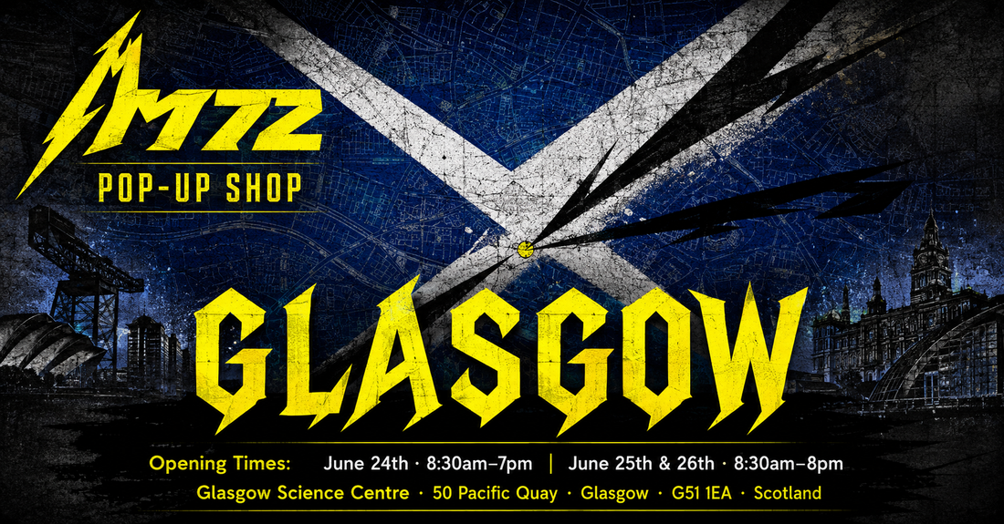 Metallica M72 Glasgow 2026 Hampden Park guide with Scotland inspired blue flag background and pop up shop artwork