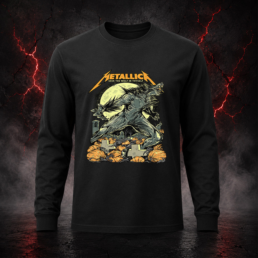 Metallica 2026 Halloween T-shirt by WolfSkullJack featuring a roaring werewolf beneath a full moon with pumpkins, graveyard crosses, bats and Seek The Wolf In Thyself artwork.