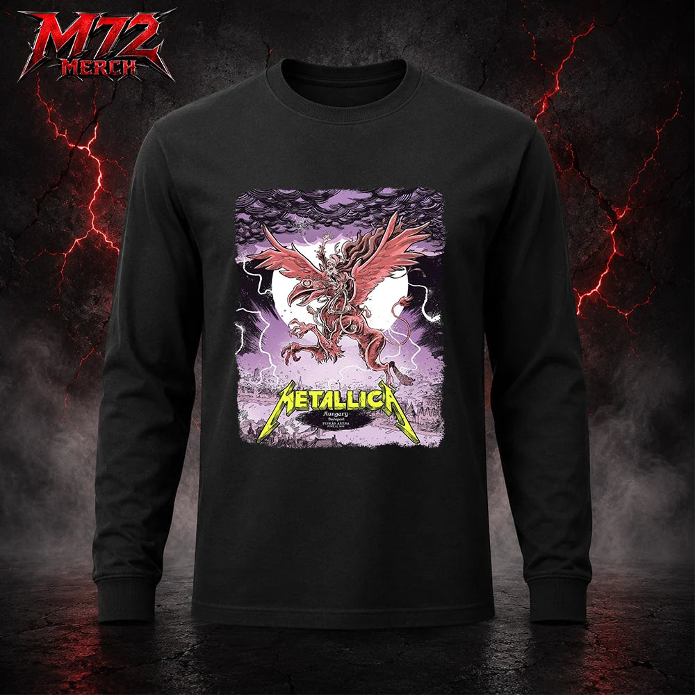 Metallica M72 World Tour June 13 2026 Budapest Hungary Puskás Aréna Long Sleeve featuring winged beast, red wings, storm clouds, lightning, full moon, gothic city scenery, and heavy metal artwork