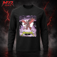 Metallica M72 World Tour June 13 2026 Budapest Hungary Puskás Aréna Long Sleeve featuring winged beast, red wings, storm clouds, lightning, full moon, gothic city scenery, and heavy metal artwork