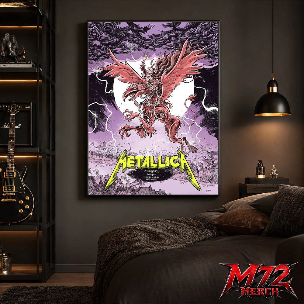 Metallica M72 World Tour June 13 2026 Budapest Hungary Puskás Aréna poster canvas featuring winged beast, storm clouds, lightning, full moon, gothic city scenery, and heavy metal artwork