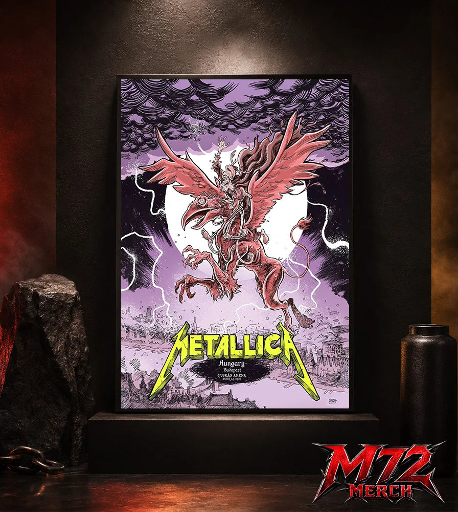 Metallica M72 World Tour June 13 2026 Budapest Hungary Puskás Aréna poster canvas featuring winged beast, storm clouds, lightning, full moon, gothic city scenery, and heavy metal artwork