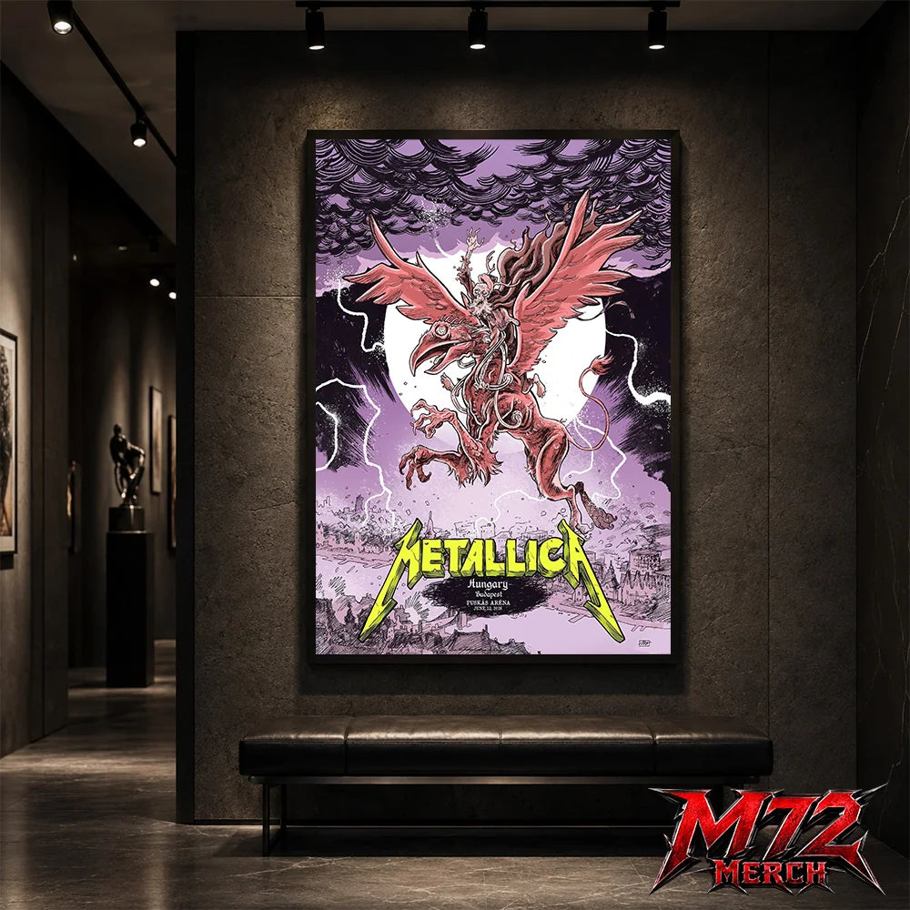 Metallica M72 World Tour June 13 2026 Budapest Hungary Puskás Aréna poster canvas featuring winged beast, storm clouds, lightning, full moon, gothic city scenery, and heavy metal artwork