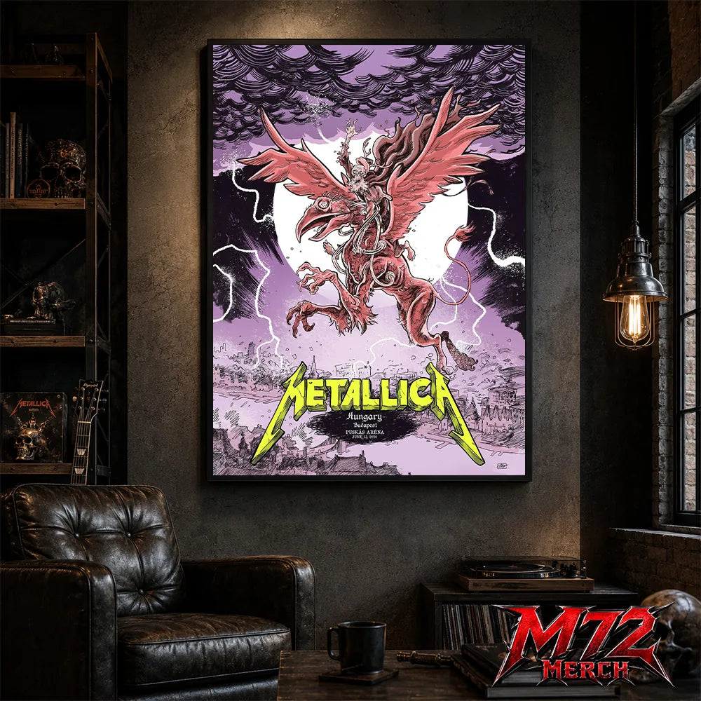 Metallica M72 World Tour June 13 2026 Budapest Hungary Puskás Aréna poster canvas featuring winged beast, storm clouds, lightning, full moon, gothic city scenery, and heavy metal artwork