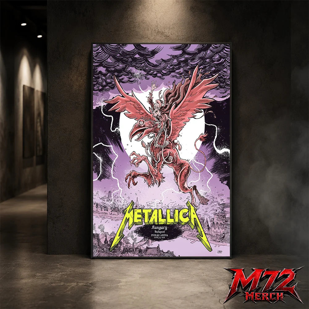 Metallica M72 World Tour June 13 2026 Budapest Hungary Puskás Aréna poster canvas featuring winged beast, storm clouds, lightning, full moon, gothic city scenery, and heavy metal artwork