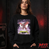 Metallica M72 World Tour June 13 2026 Budapest Hungary Puskás Aréna Sweatshirt featuring winged beast, red wings, storm clouds, lightning, full moon, gothic city scenery, and heavy metal artwork