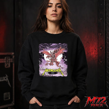 Metallica M72 World Tour June 13 2026 Budapest Hungary Puskás Aréna Sweatshirt featuring winged beast, red wings, storm clouds, lightning, full moon, gothic city scenery, and heavy metal artwork