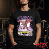 Metallica M72 World Tour June 13 2026 Budapest Hungary Puskás Aréna T-Shirt featuring winged beast, red wings, storm clouds, lightning, full moon, gothic city scenery, and heavy metal artwork