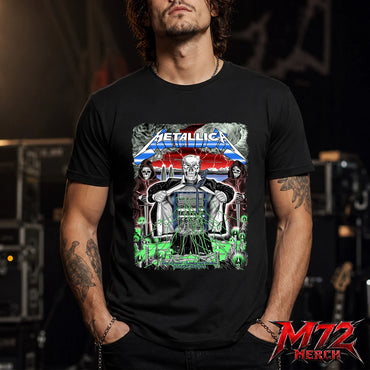 Metallica M72 World Tour May 27 2026 Zurich Switzerland Stadion Letzigrund T-Shirt featuring artwork by Luca Schenardi with mummy dagger eye artwork, neon green details, storm energy, and dark concert art