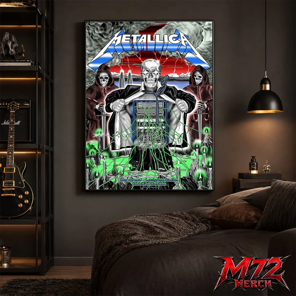 Metallica M72 World Tour May 27 2026 Zurich Switzerland Stadion Letzigrund poster canvas featuring artwork by Luca Schenardi with skeletal figure, storm clouds, green wires, candles, and dark concert art