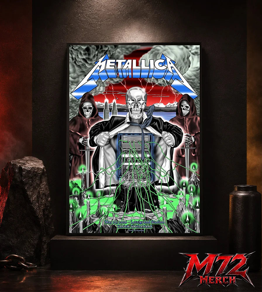 Metallica M72 World Tour May 27 2026 Zurich Switzerland Stadion Letzigrund poster canvas featuring artwork by Luca Schenardi with skeletal figure, storm clouds, green wires, candles, and dark concert art