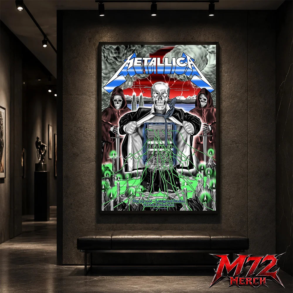 Metallica M72 World Tour May 27 2026 Zurich Switzerland Stadion Letzigrund poster canvas featuring artwork by Luca Schenardi with skeletal figure, storm clouds, green wires, candles, and dark concert art