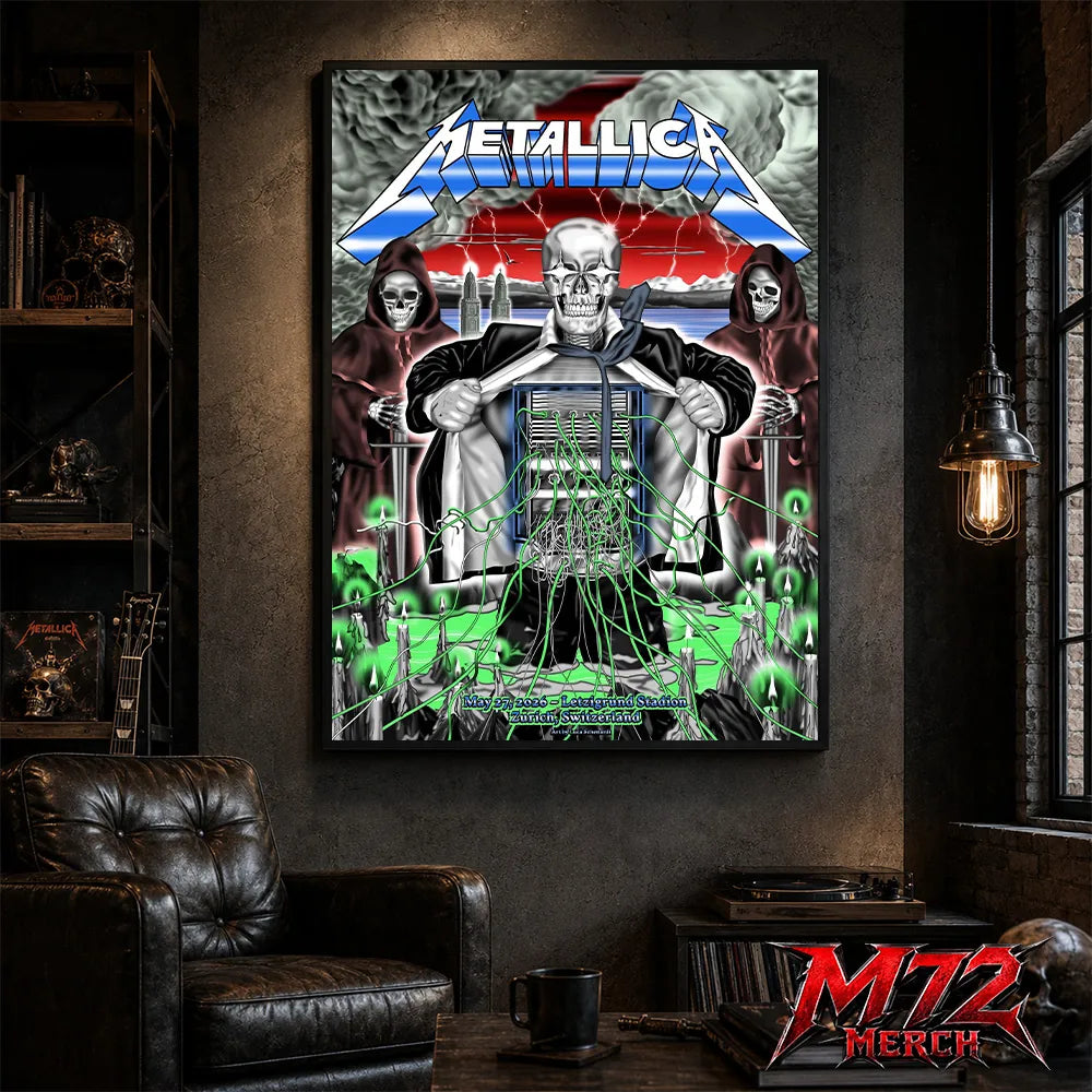 Metallica M72 World Tour May 27 2026 Zurich Switzerland Stadion Letzigrund poster canvas featuring artwork by Luca Schenardi with skeletal figure, storm clouds, green wires, candles, and dark concert art