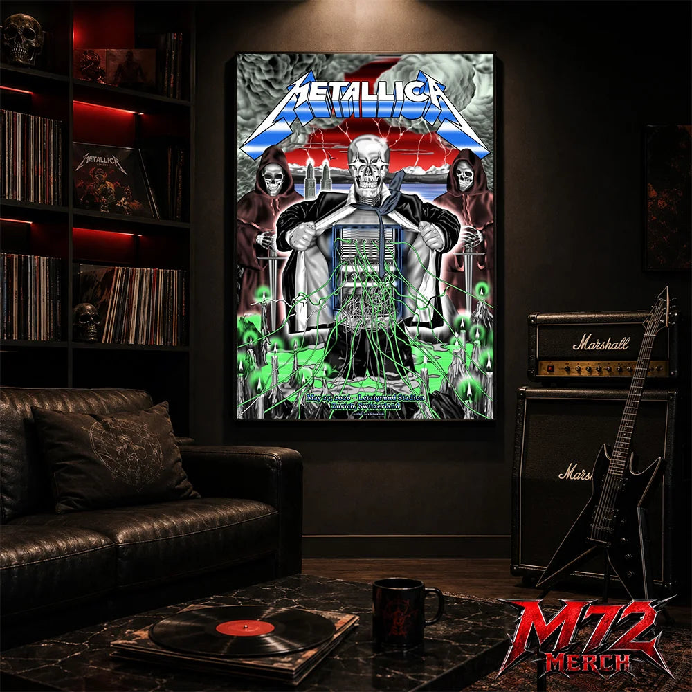 Metallica M72 World Tour May 27 2026 Zurich Switzerland Stadion Letzigrund poster canvas featuring artwork by Luca Schenardi with skeletal figure, storm clouds, green wires, candles, and dark concert art