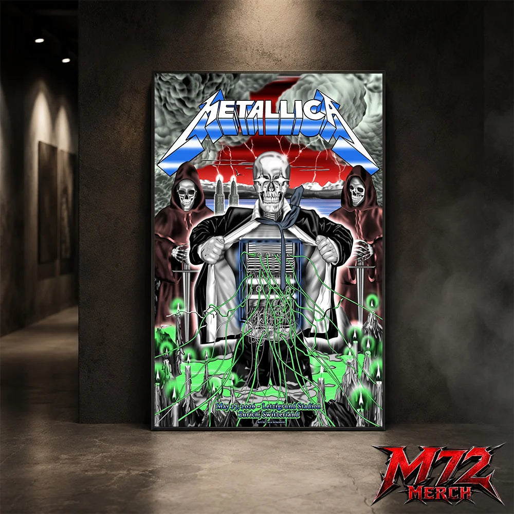 Metallica M72 World Tour May 27 2026 Zurich Switzerland Stadion Letzigrund poster canvas featuring artwork by Luca Schenardi with skeletal figure, storm clouds, green wires, candles, and dark concert art