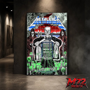 Metallica M72 World Tour May 27 2026 Zurich Switzerland Stadion Letzigrund poster canvas featuring artwork by Luca Schenardi with skeletal figure, storm clouds, green wires, candles, and dark concert art