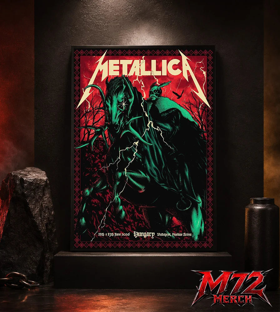 Metallica World Tour M72 June 11 & 13 2026 Budapest Hungary Puskás Aréna Horseman Lightning Canvas Poster
