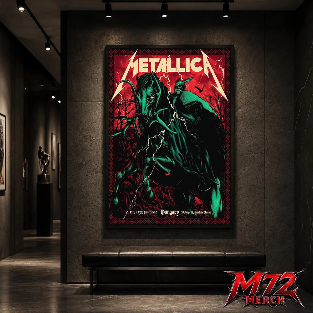 Metallica World Tour M72 June 11 & 13 2026 Budapest Hungary Puskás Aréna Horseman Lightning Canvas Poster