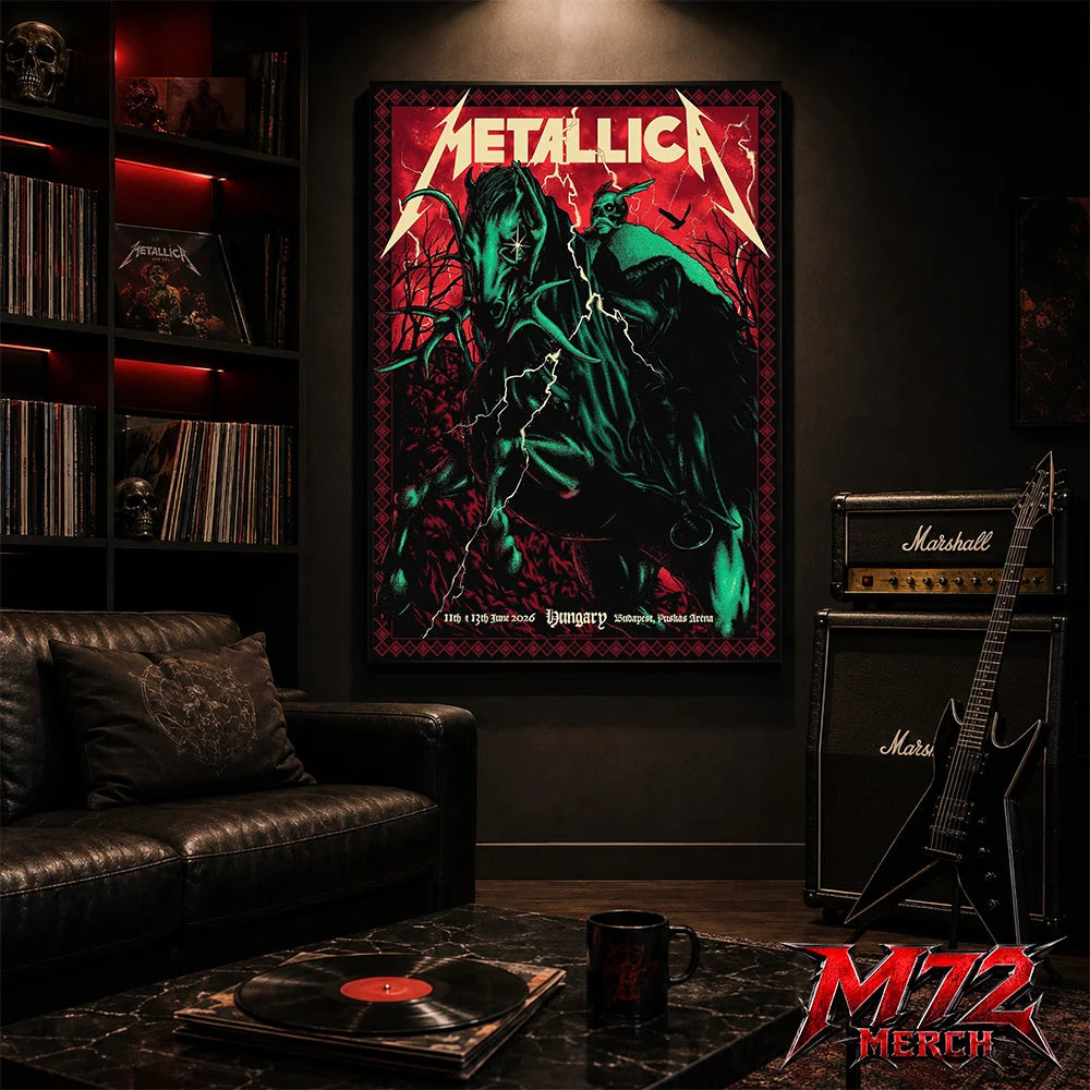 Metallica World Tour M72 June 11 & 13 2026 Budapest Hungary Puskás Aréna Horseman Lightning Canvas Poster