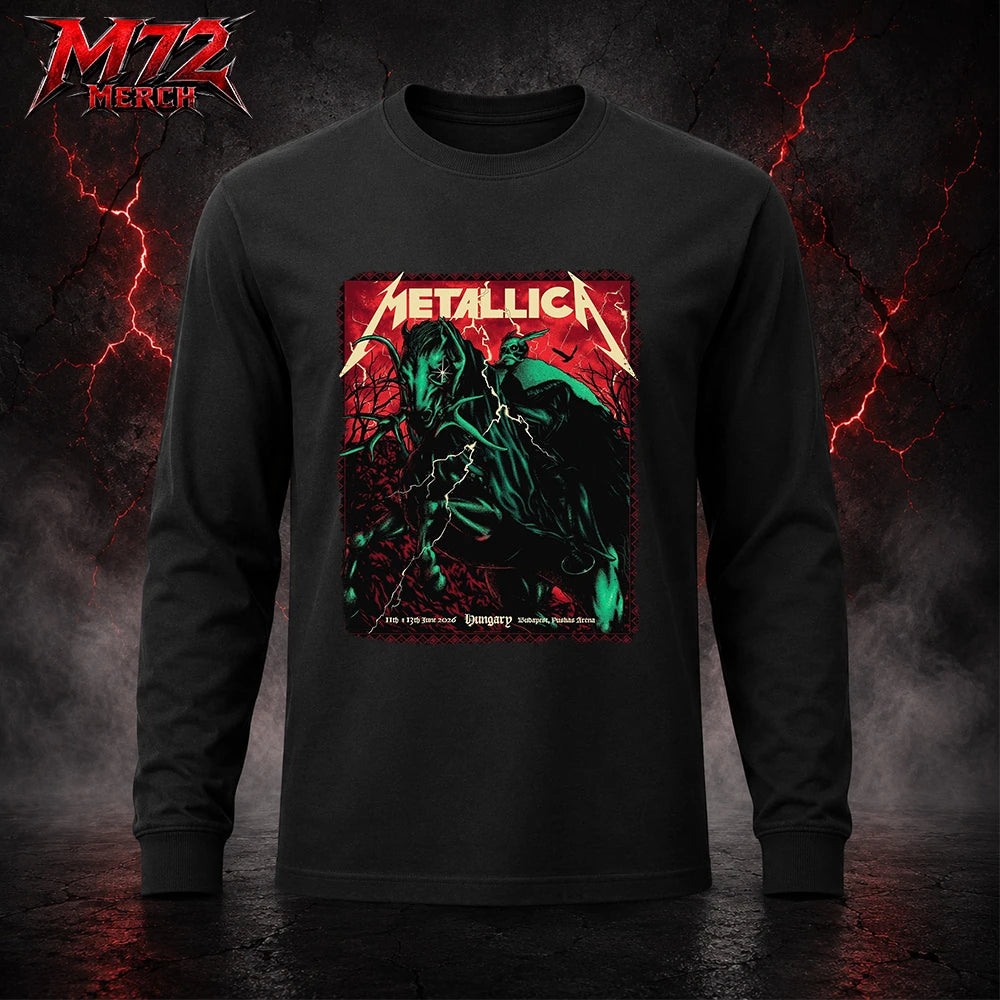 Metallica World Tour M72 June 11 & 13 2026 Budapest Hungary Puskás Aréna Horseman Lightning Long sleeve