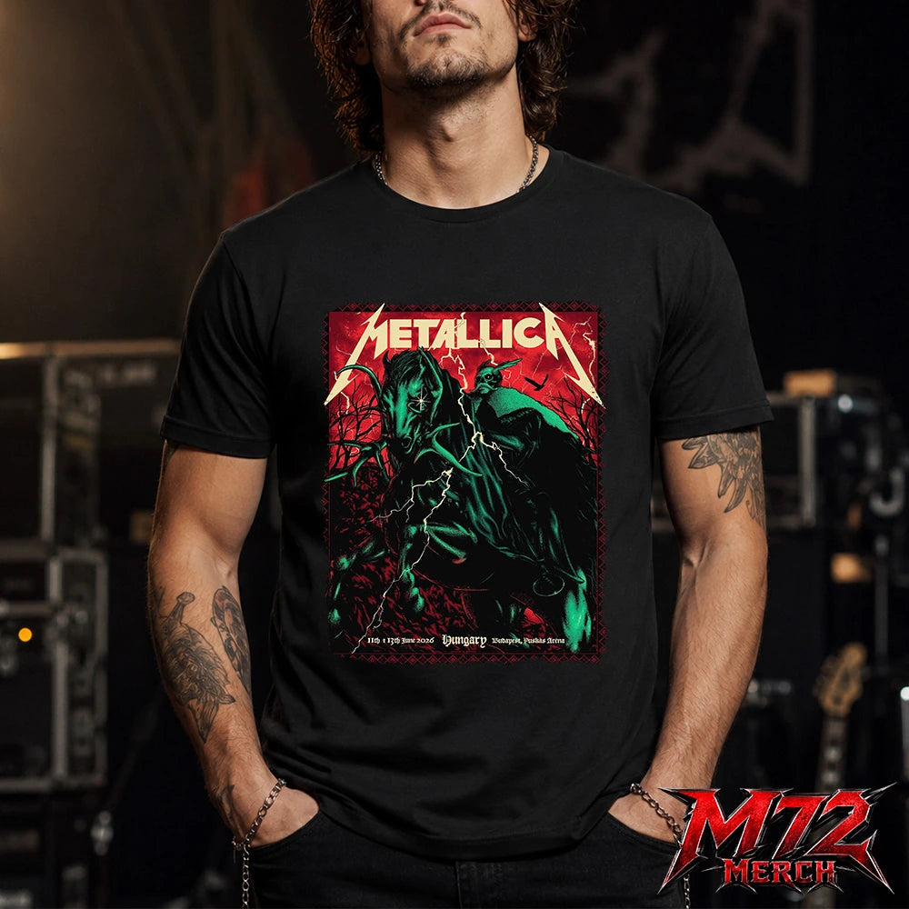 Metallica World Tour M72 June 11 & 13 2026 Budapest Hungary Puskás Aréna Horseman Lightning T-Shirt