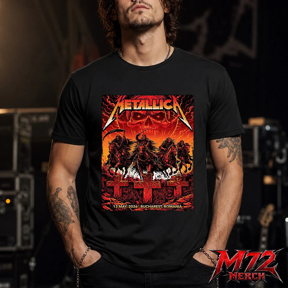 Metallica M72 World Tour May 13 2026 Bucharest Arena Națională Four Horsemen Skull T-Shirt artwork