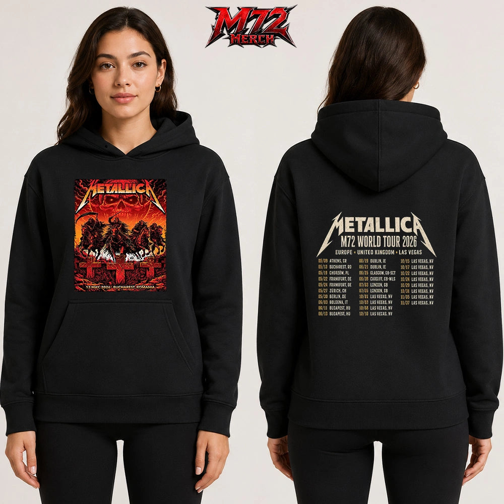 Metallica M72 World Tour May 13 2026 Bucharest Arena Națională Four Horsemen Skull two sided Hoodie artwork