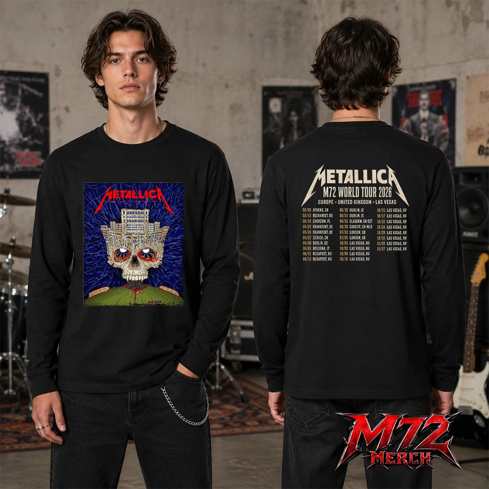 Shop a Metallica M72 World Tour May 13 2026 Bucharest inspired Palace Skull two sided Long sleeve with Arena Națională concert artwork.