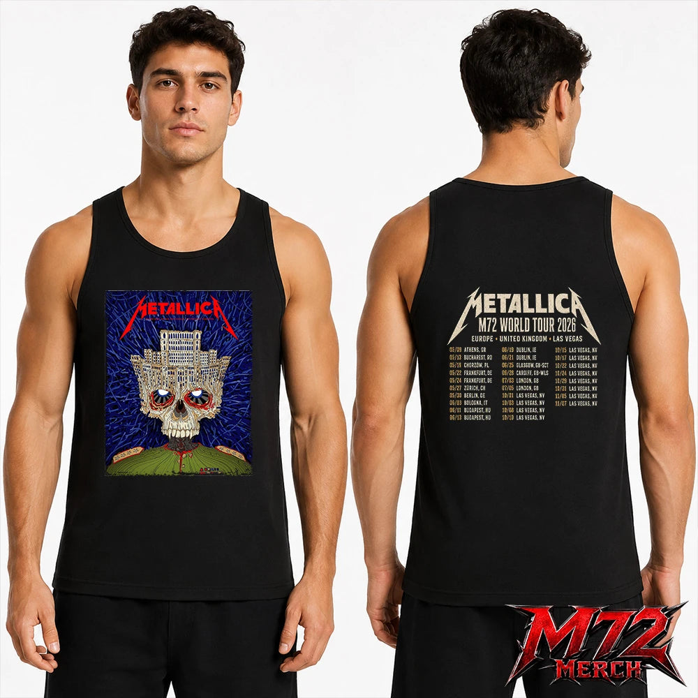 Shop a Metallica M72 World Tour May 13 2026 Bucharest inspired Palace Skull two sided Tank top with Arena Națională concert artwork.