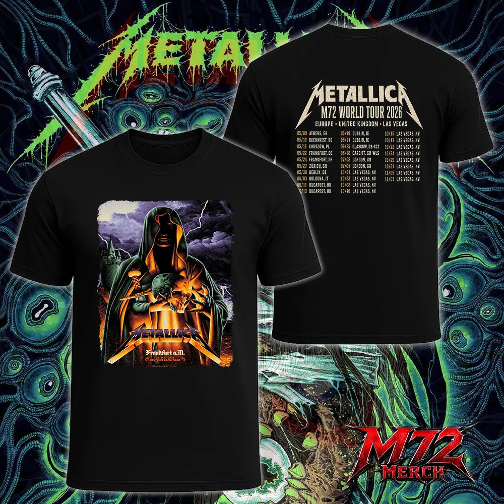 Metallica World Tour M72 May 22 2026 Frankfurt Germany Deutsche Bank Park Cloaked Skull Storm Two Sided T-Shirt