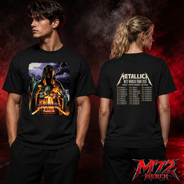 Metallica World Tour M72 May 22 2026 Frankfurt Germany Deutsche Bank Park Cloaked Skull Storm Two Sided T-Shirt