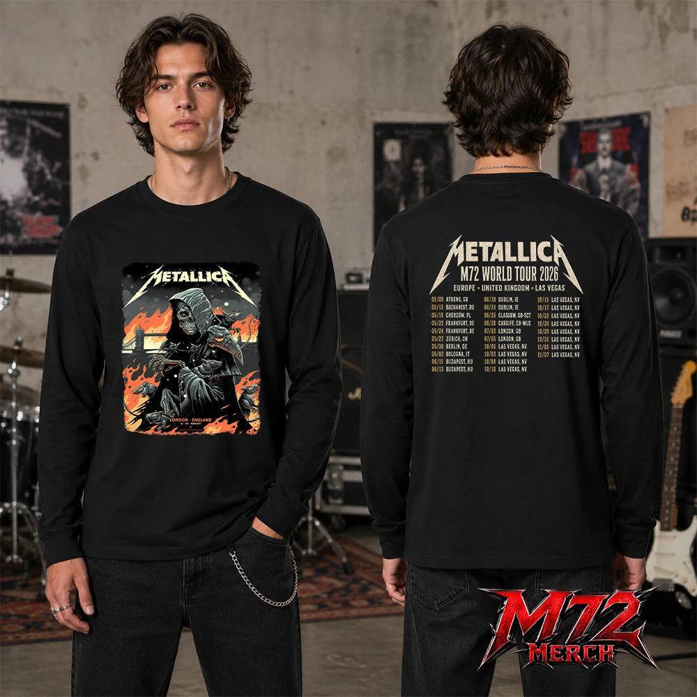 Metallica M72 World Tour July 3 2026 London Stadium London England 2 side long sleeve by Luke Preece featuring a hooded skeletal grim reaper, rats, Tower Bridge, fiery skyline and London event text.