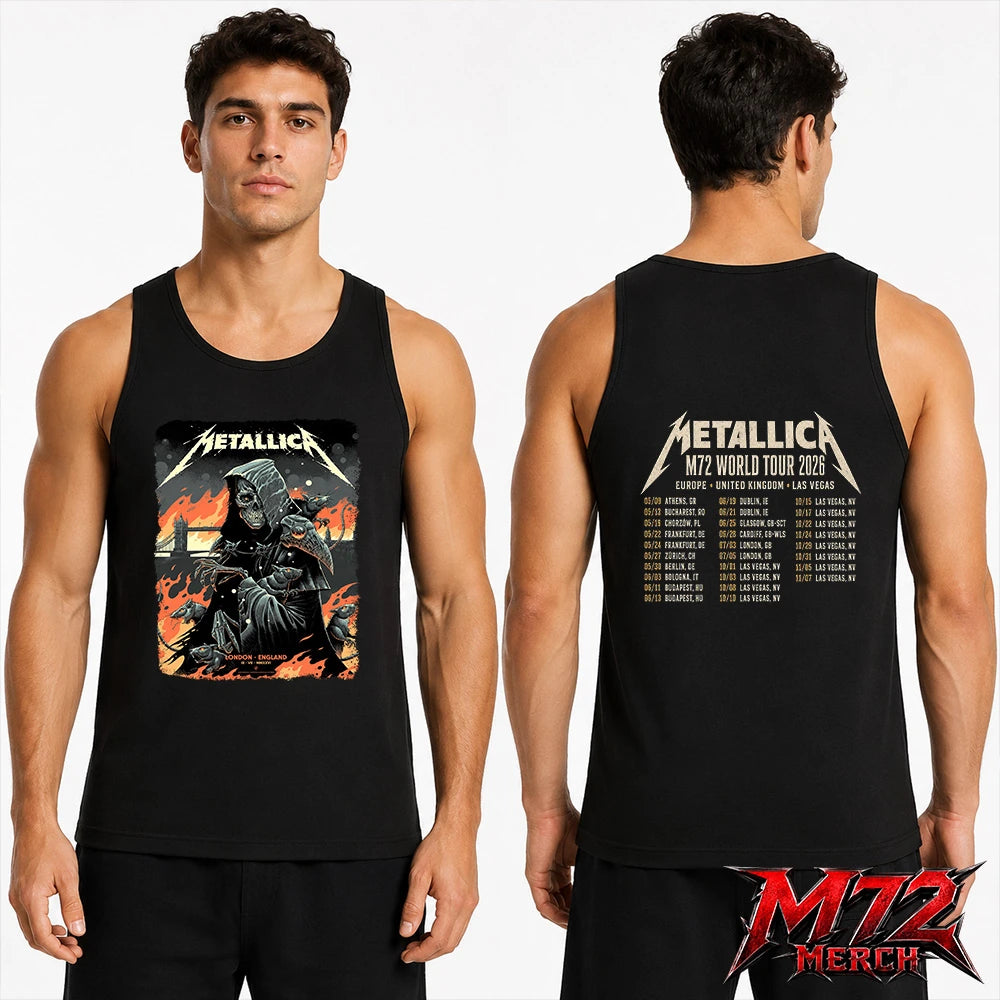 Metallica M72 World Tour July 3 2026 London Stadium London England 2 side tank top by Luke Preece featuring a hooded skeletal grim reaper, rats, Tower Bridge, fiery skyline and London event text.