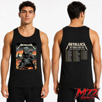 Metallica M72 World Tour July 3 2026 London Stadium London England 2 side tank top by Luke Preece featuring a hooded skeletal grim reaper, rats, Tower Bridge, fiery skyline and London event text.